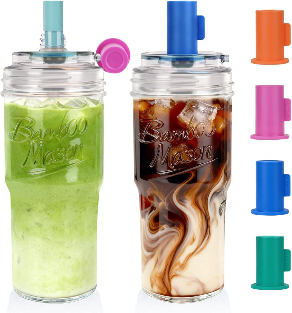 2Pc Glass Tumbler with Lids and Straws, Leakproof 24Oz Mason Jar Cups, Cap Cup Leak-Proof, Self-Assembly Silicone Straw, Reusable Iced Coffee Smoothie Matcha Cup Aesthetic Coffee Gifts Women