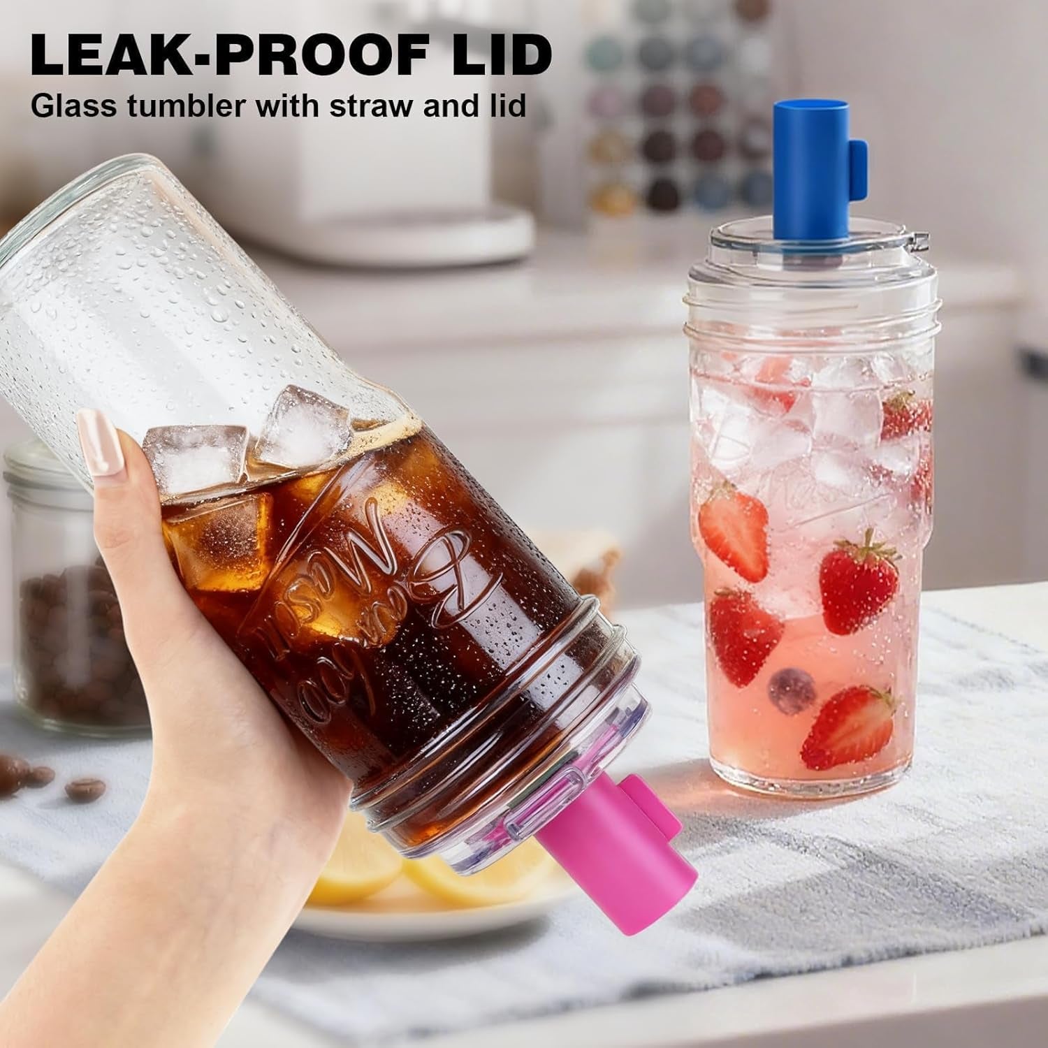 2Pc Glass Tumbler with Lids and Straws, Leakproof 24Oz Mason Jar Cups, Cap Cup Leak-Proof, Self-Assembly Silicone Straw, Reusable Iced Coffee Smoothie Matcha Cup Aesthetic Coffee Gifts Women