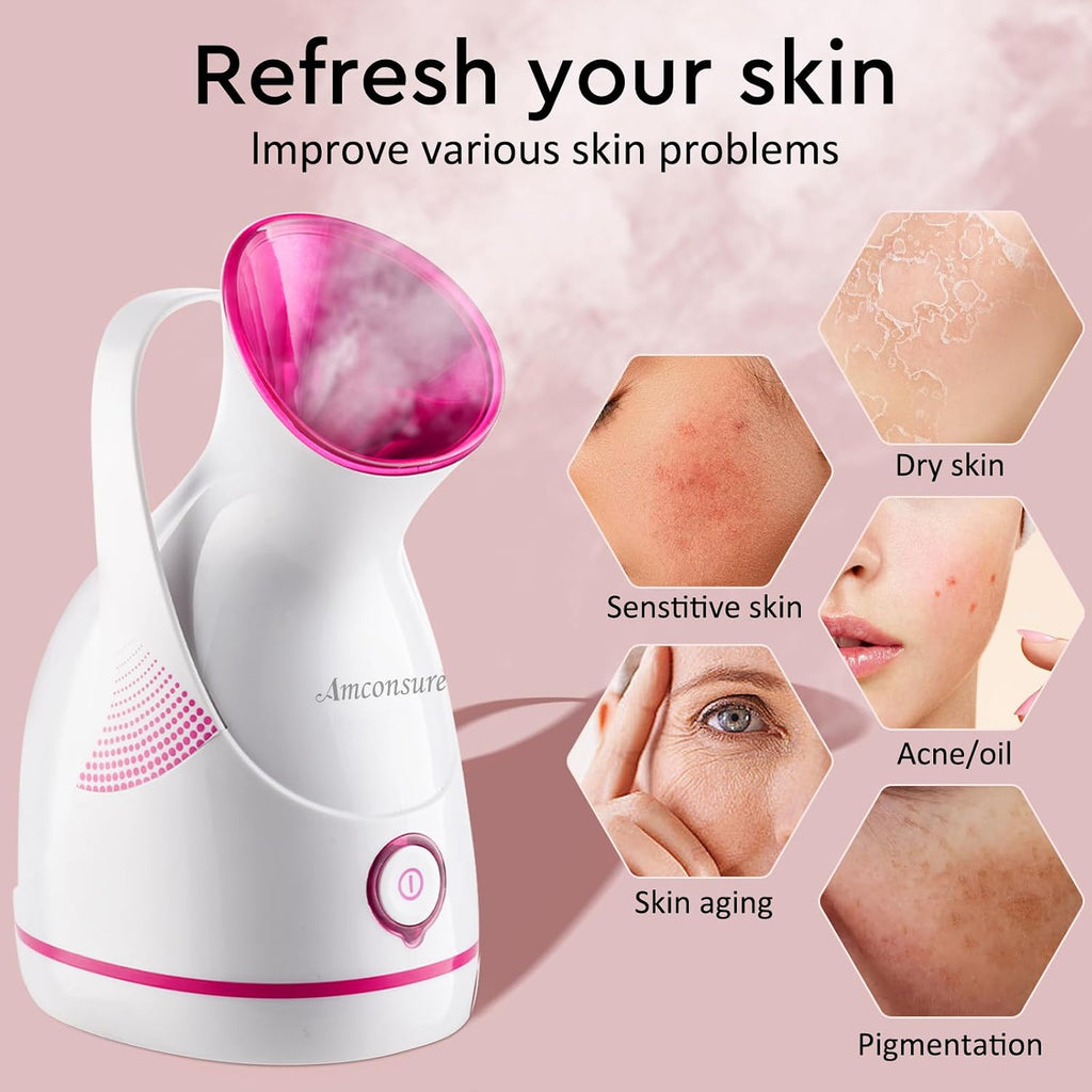 Facial Steamer - Nano Ionic Face Steamer Warm Mist Steamer for Home Sauna SPA, Humidifier for Face Steamer for Deep Cleaning Unclogs Pores Sinuses - Bonus 5 Piece Stainless Steel Skin Kit