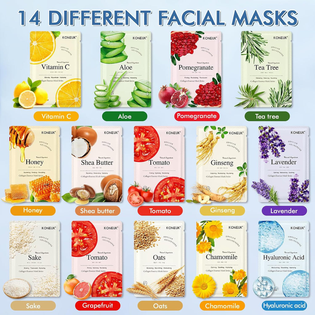 14 Pack Sheet Face Masks Skincare, Hydrating Face Masks Suitable for Dry Skin, Bulk Facial Mask Set for Women Skin Care, Face Mask Gifts Set for Face Spa