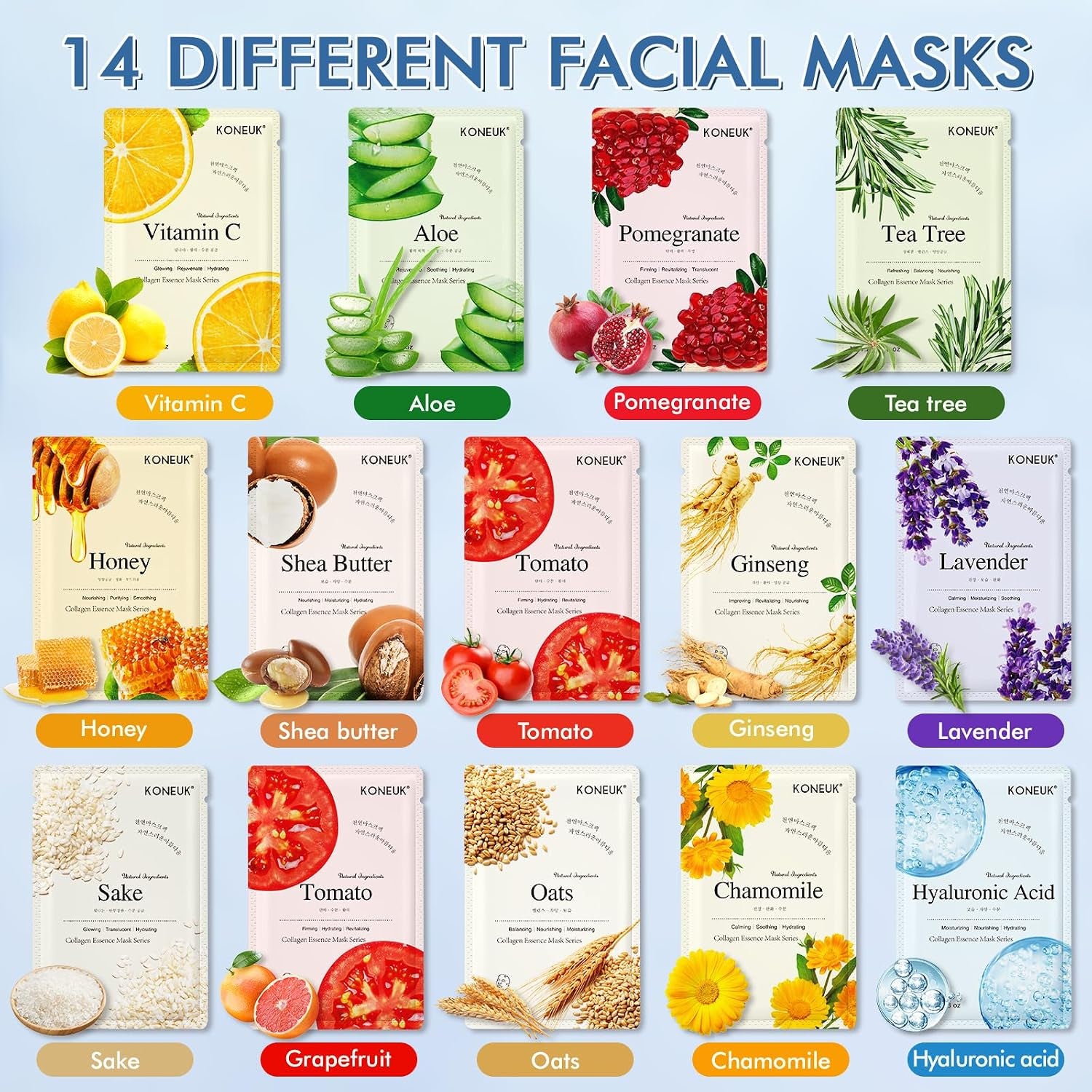 14 Pack Sheet Face Masks Skincare, Hydrating Face Masks Suitable for Dry Skin, Bulk Facial Mask Set for Women Skin Care, Face Mask Gifts Set for Face Spa