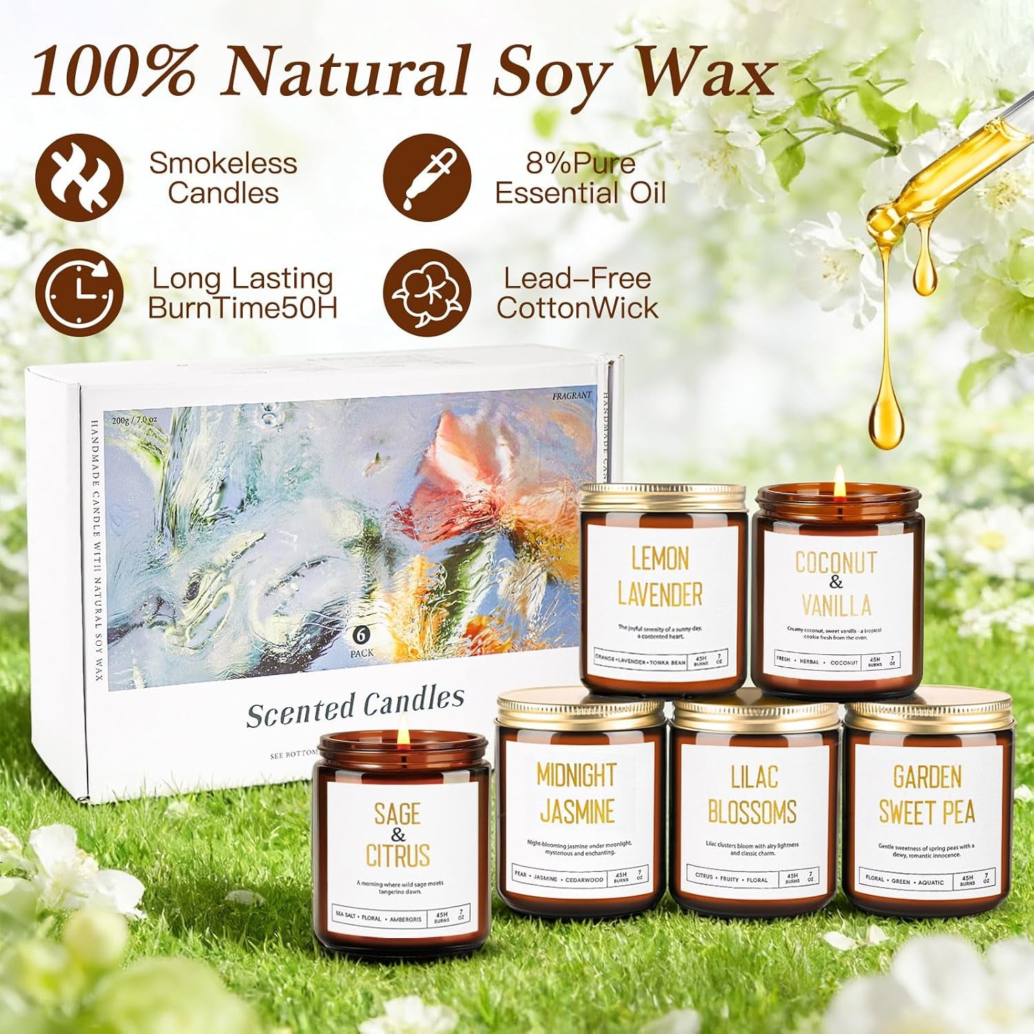 Candles for Home Scented - Soy Candles Non Toxic, 6 Pack Candle Gift Set | 42Oz 300H Long Lasting Aromatherapy Candles with Lavender Lemon Vanilla Coconut Jasmine Sage - Floral & Fruity Scents