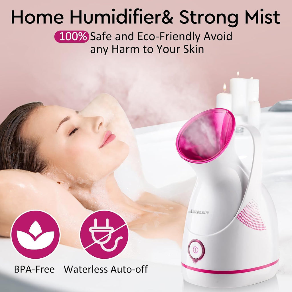 Facial Steamer - Nano Ionic Face Steamer Warm Mist Steamer for Home Sauna SPA, Humidifier for Face Steamer for Deep Cleaning Unclogs Pores Sinuses - Bonus 5 Piece Stainless Steel Skin Kit