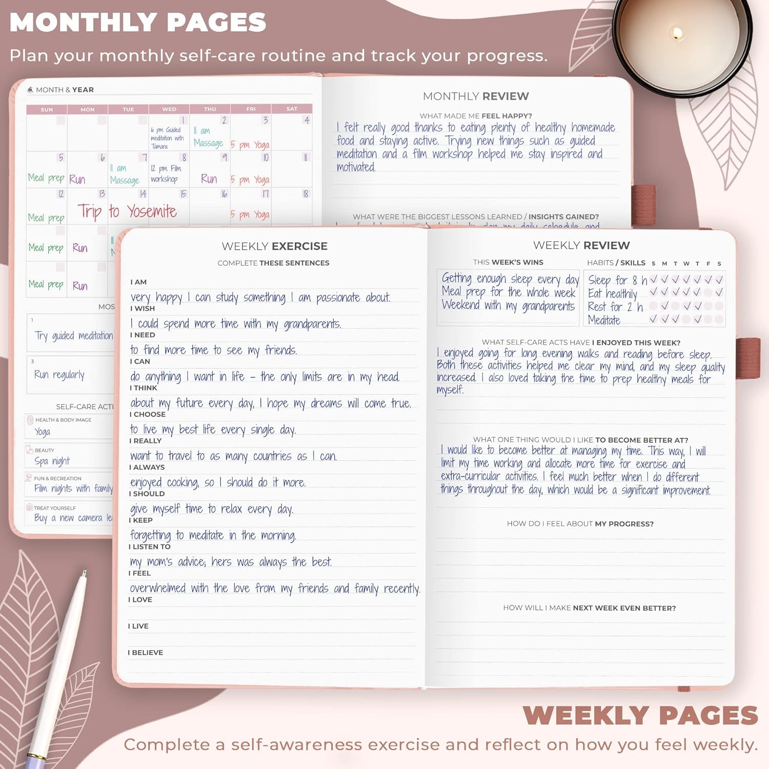 Self-Care Journal – Daily Reflection Notebook – Mental Health & Personal Development Planner, Meditation & Mood Log, A5 (Rose Gold)