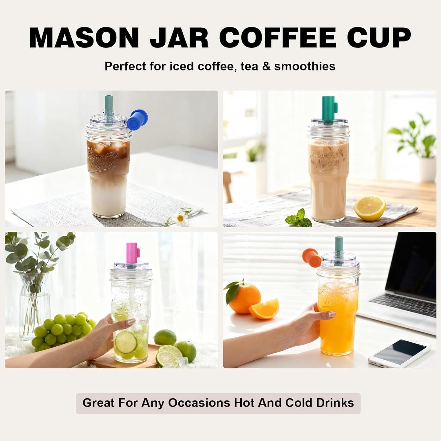 2Pc Glass Tumbler with Lids and Straws, Leakproof 24Oz Mason Jar Cups, Cap Cup Leak-Proof, Self-Assembly Silicone Straw, Reusable Iced Coffee Smoothie Matcha Cup Aesthetic Coffee Gifts Women