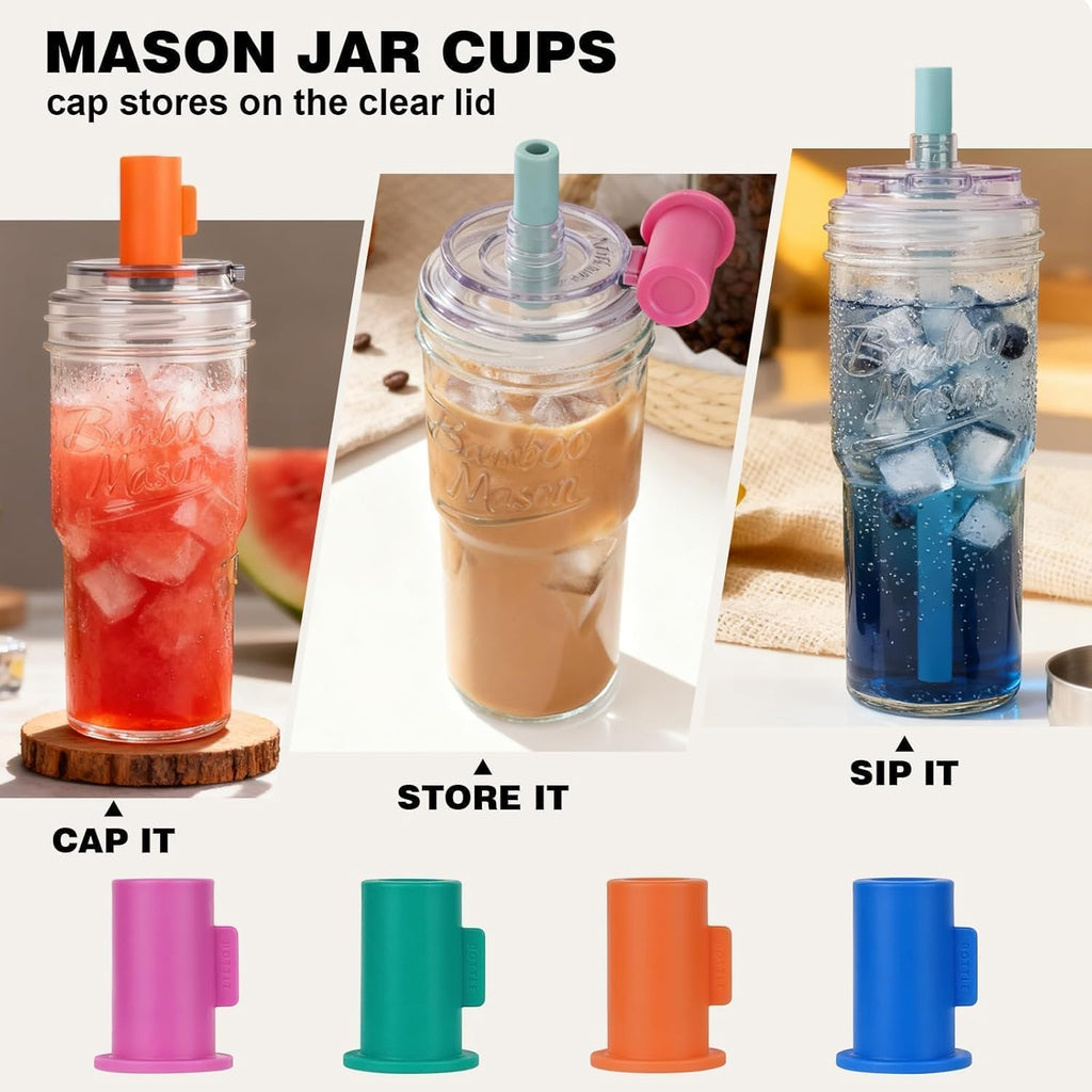 2Pc Glass Tumbler with Lids and Straws, Leakproof 24Oz Mason Jar Cups, Cap Cup Leak-Proof, Self-Assembly Silicone Straw, Reusable Iced Coffee Smoothie Matcha Cup Aesthetic Coffee Gifts Women
