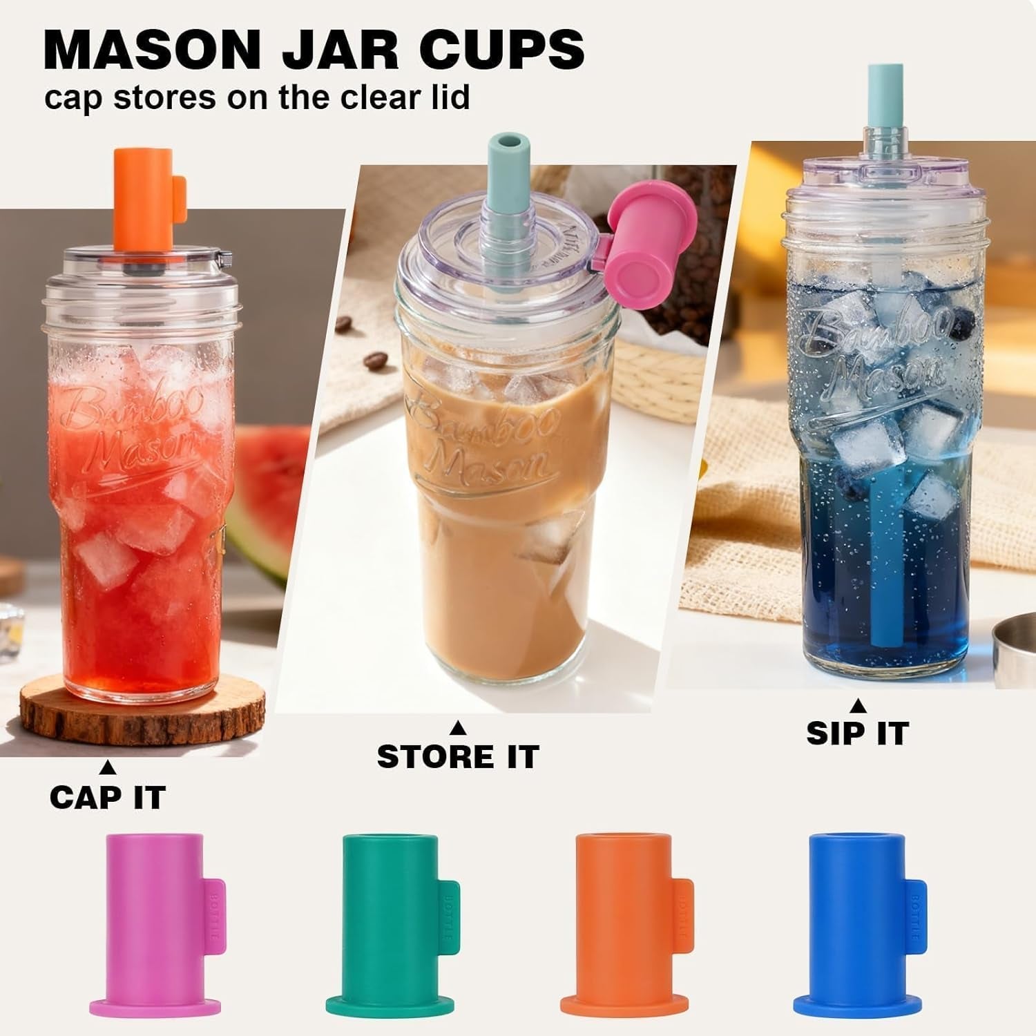 2Pc Glass Tumbler with Lids and Straws, Leakproof 24Oz Mason Jar Cups, Cap Cup Leak-Proof, Self-Assembly Silicone Straw, Reusable Iced Coffee Smoothie Matcha Cup Aesthetic Coffee Gifts Women