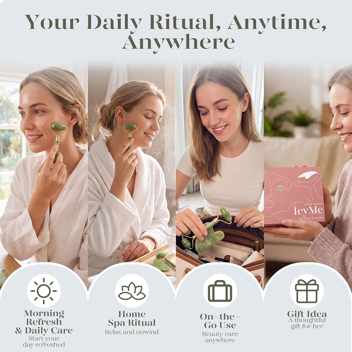 Icyme Gua Sha & Jade Roller Set, Cooling Face Roller & Guasha Tool for Face Depuffing, Facial Sculpting & Jawline Definition, Smooth Rolling Skincare Tools Gifts for Women & Men – Green