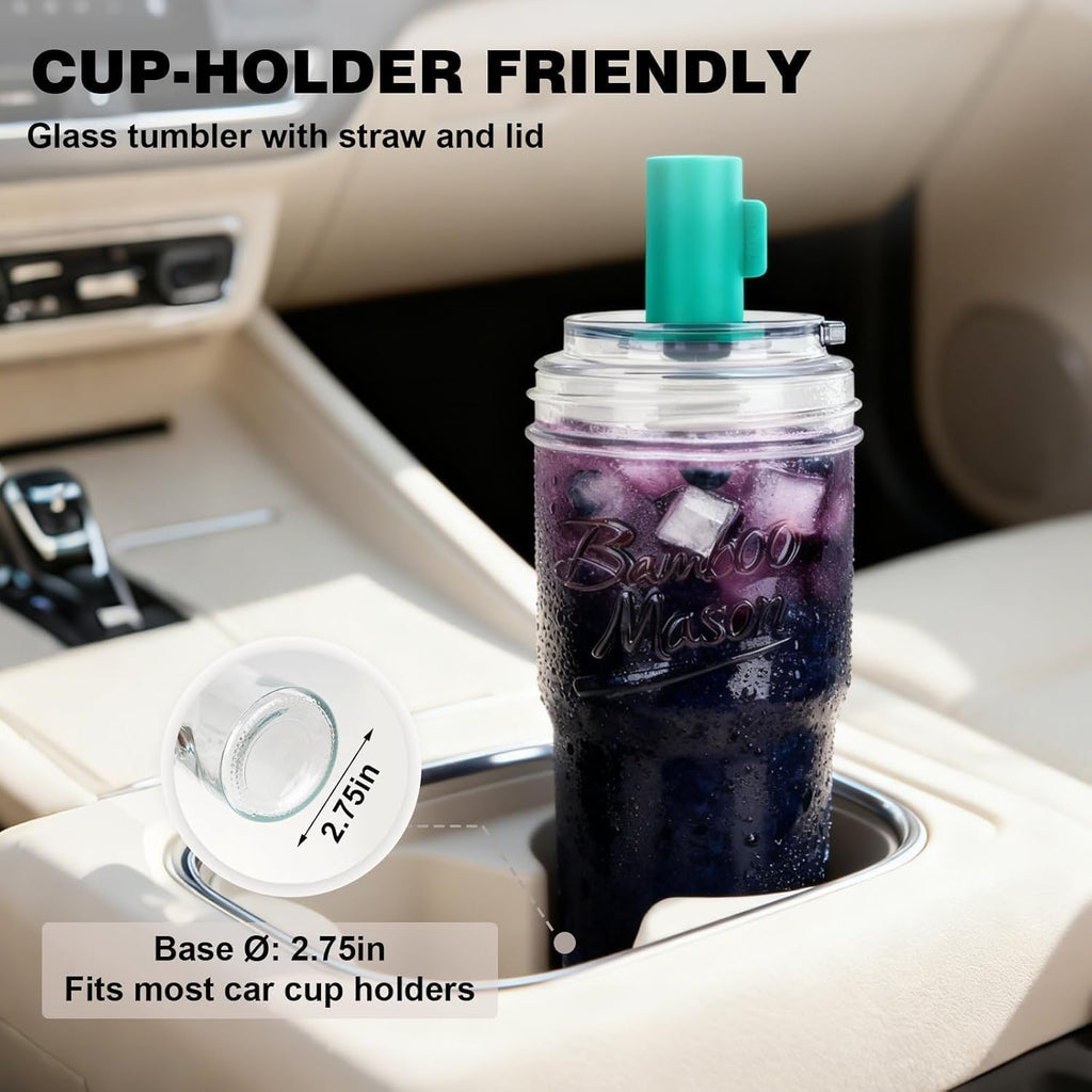 2Pc Glass Tumbler with Lids and Straws, Leakproof 24Oz Mason Jar Cups, Cap Cup Leak-Proof, Self-Assembly Silicone Straw, Reusable Iced Coffee Smoothie Matcha Cup Aesthetic Coffee Gifts Women