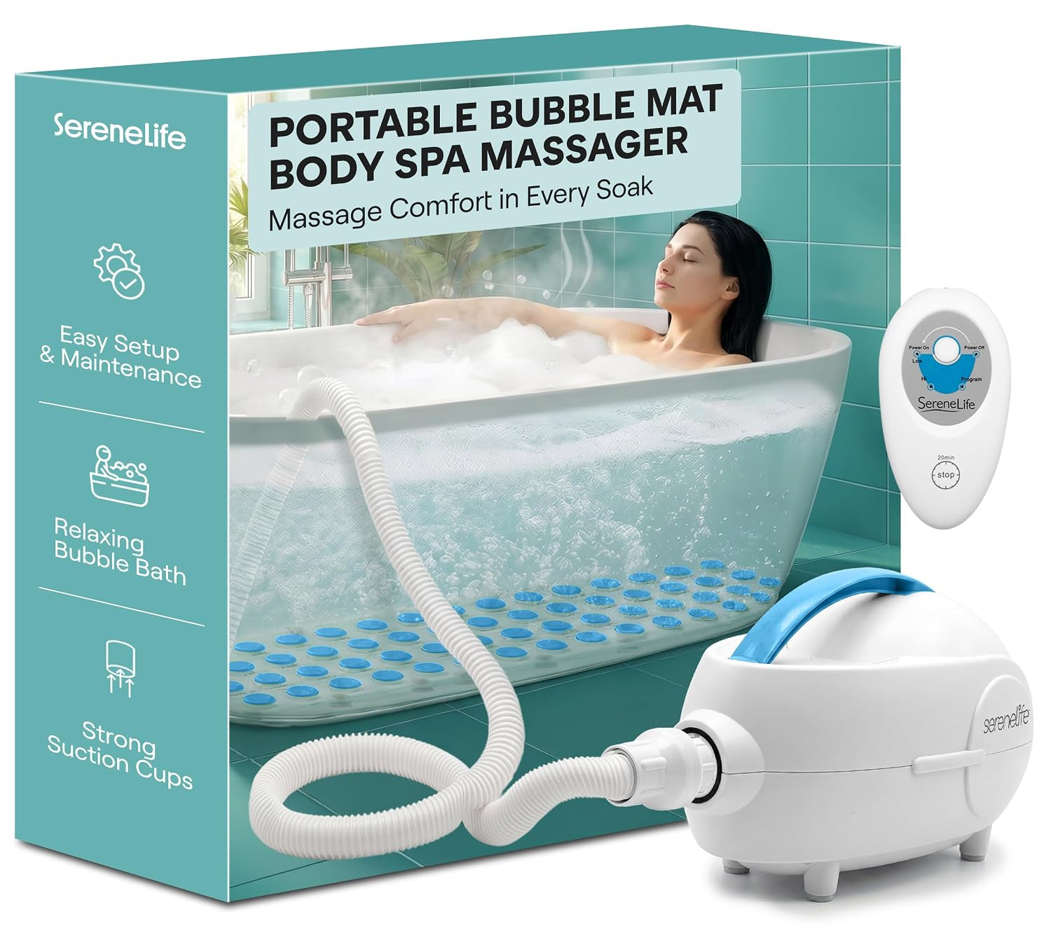 Portable Spa Bubble Bath Massager - Thermal Spa Waterproof Non-Slip Mat with Suction Cup Bottom, Motorized Air Pump & Adjustable Bubble Settings - Remote Control Included -  PHSPAMT22