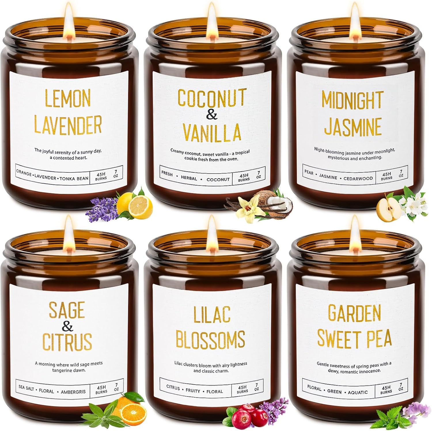 Candles for Home Scented - Soy Candles Non Toxic, 6 Pack Candle Gift Set | 42Oz 300H Long Lasting Aromatherapy Candles with Lavender Lemon Vanilla Coconut Jasmine Sage - Floral & Fruity Scents
