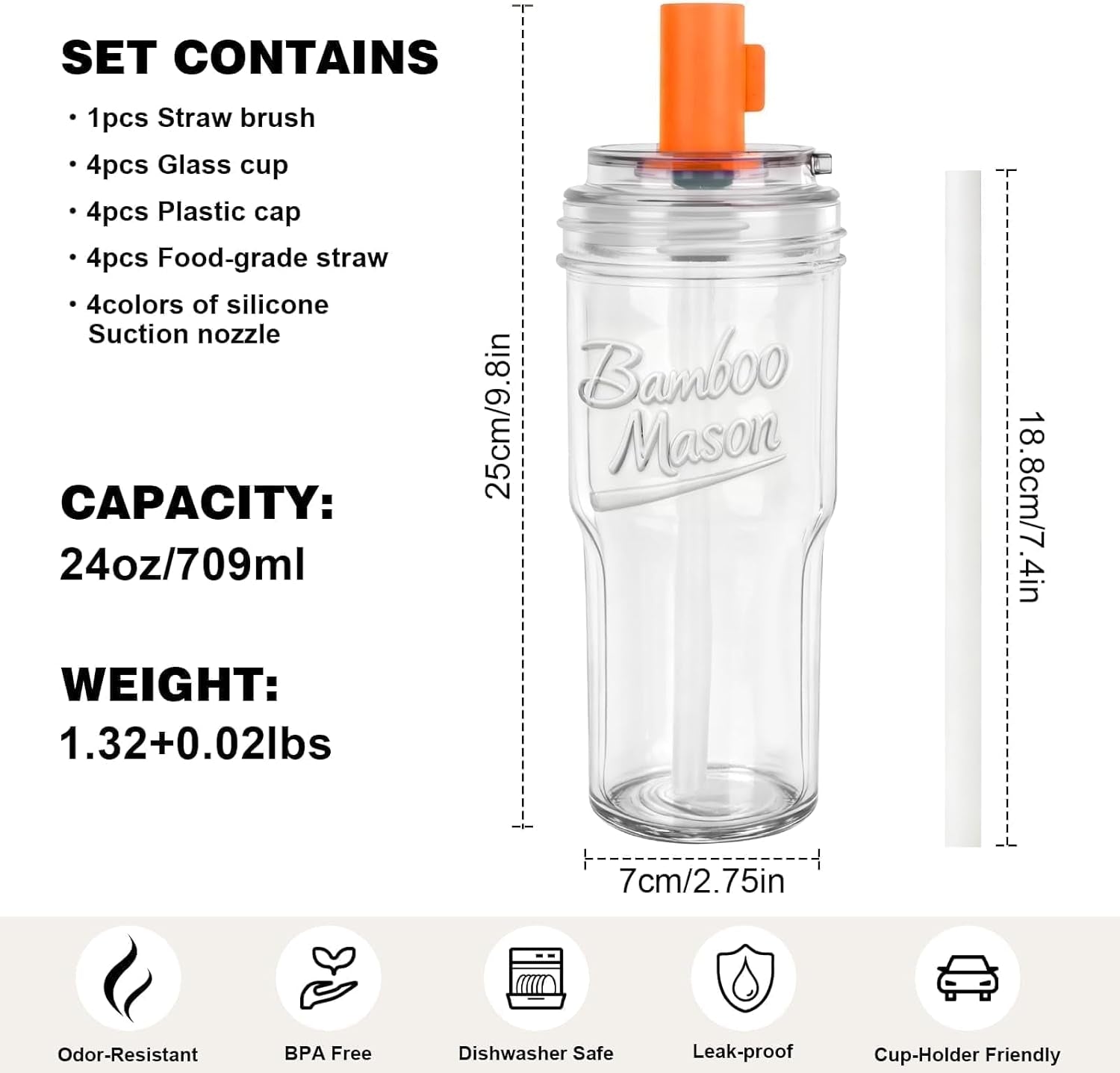 2Pc Glass Tumbler with Lids and Straws, Leakproof 24Oz Mason Jar Cups, Cap Cup Leak-Proof, Self-Assembly Silicone Straw, Reusable Iced Coffee Smoothie Matcha Cup Aesthetic Coffee Gifts Women
