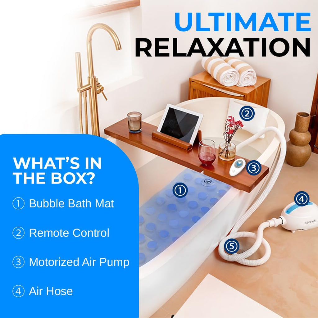 Portable Spa Bubble Bath Massager - Thermal Spa Waterproof Non-Slip Mat with Suction Cup Bottom, Motorized Air Pump & Adjustable Bubble Settings - Remote Control Included -  PHSPAMT22