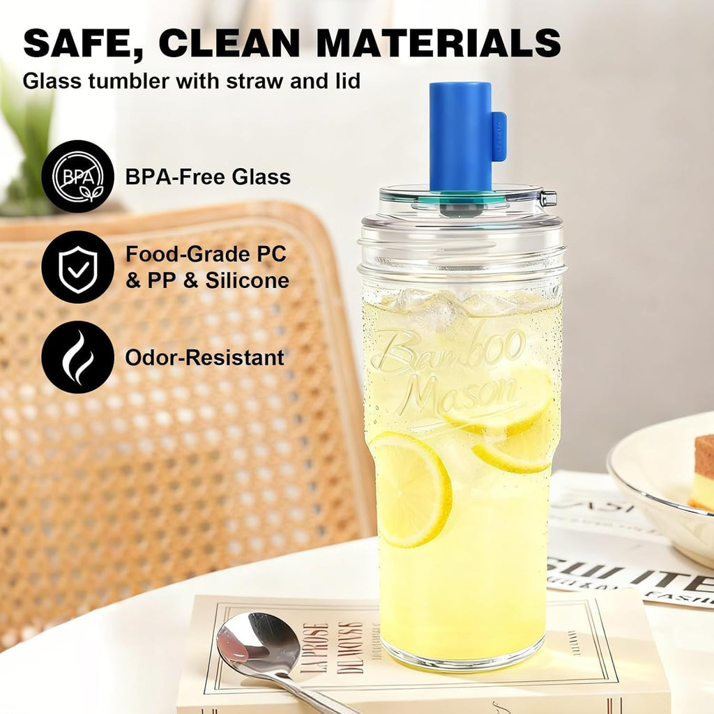 2Pc Glass Tumbler with Lids and Straws, Leakproof 24Oz Mason Jar Cups, Cap Cup Leak-Proof, Self-Assembly Silicone Straw, Reusable Iced Coffee Smoothie Matcha Cup Aesthetic Coffee Gifts Women