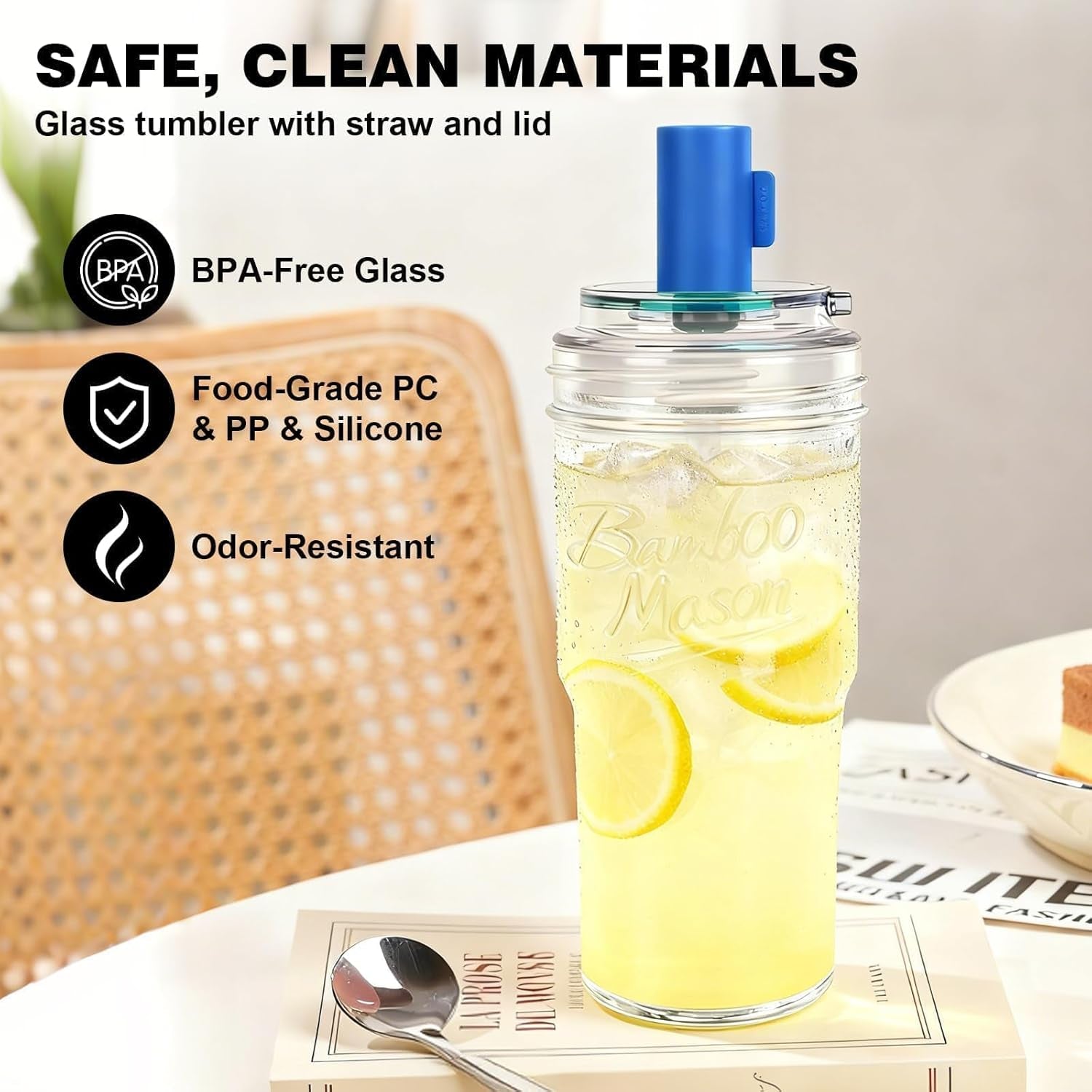 2Pc Glass Tumbler with Lids and Straws, Leakproof 24Oz Mason Jar Cups, Cap Cup Leak-Proof, Self-Assembly Silicone Straw, Reusable Iced Coffee Smoothie Matcha Cup Aesthetic Coffee Gifts Women