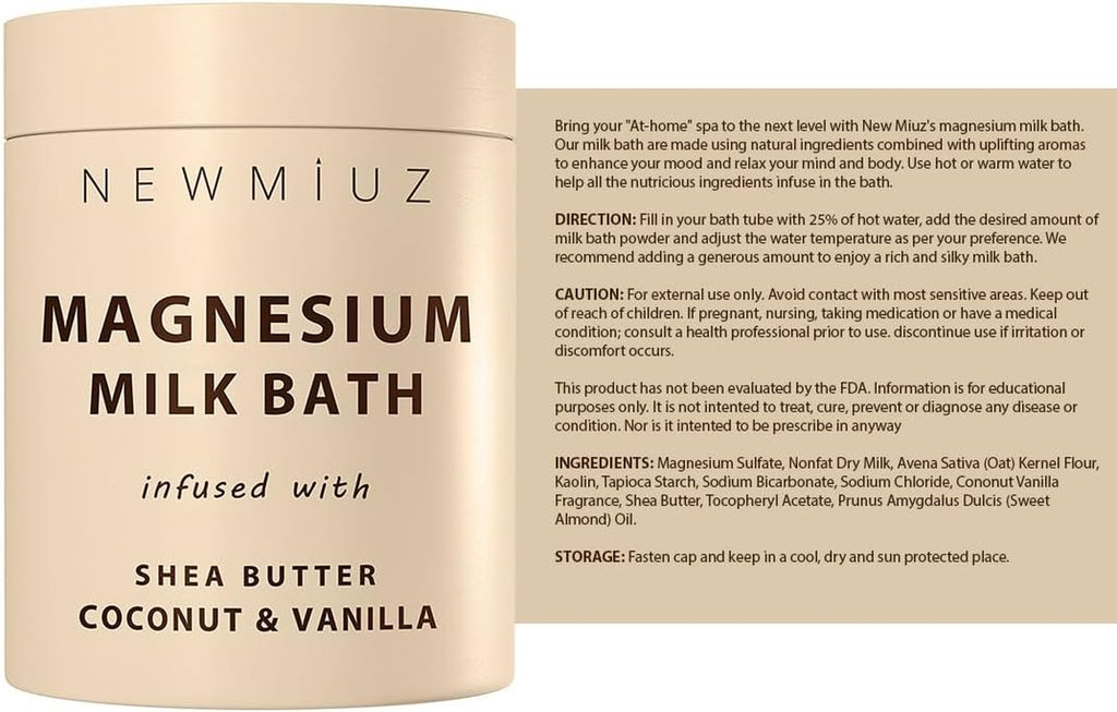 Creamy Magnesium Milk Bath Soak Powder Moisturize Soften Skin Coconut Vanilla Shea Butter Luxury Spa Bath Salt Relaxation Selfcare Gifts for Women